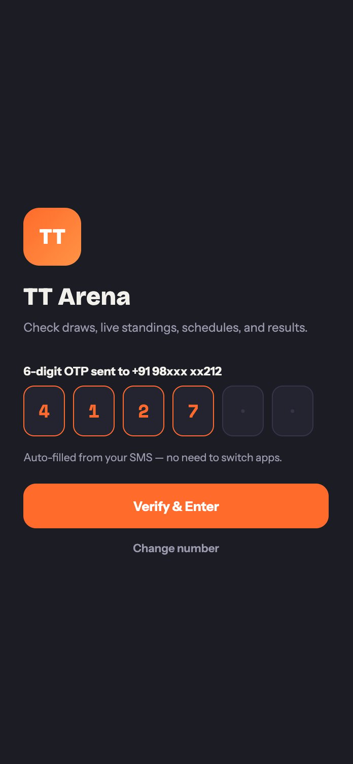 TT Arena Player app phone number and OTP entry screen