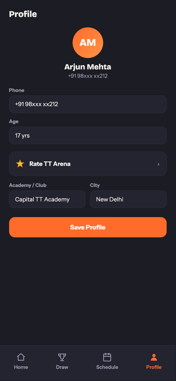 TT Arena Player app Profile tab
