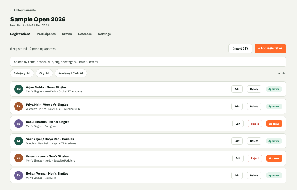 TT Arena Registrations tab showing a list of players with approve actions