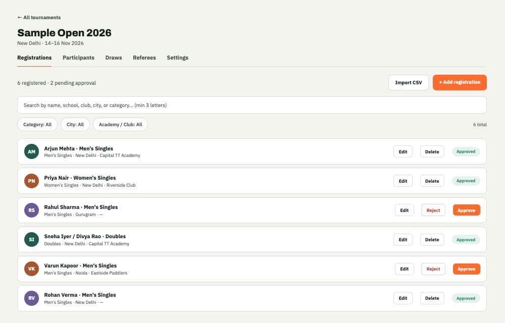 TT Arena Registrations tab showing a list of players with approve actions