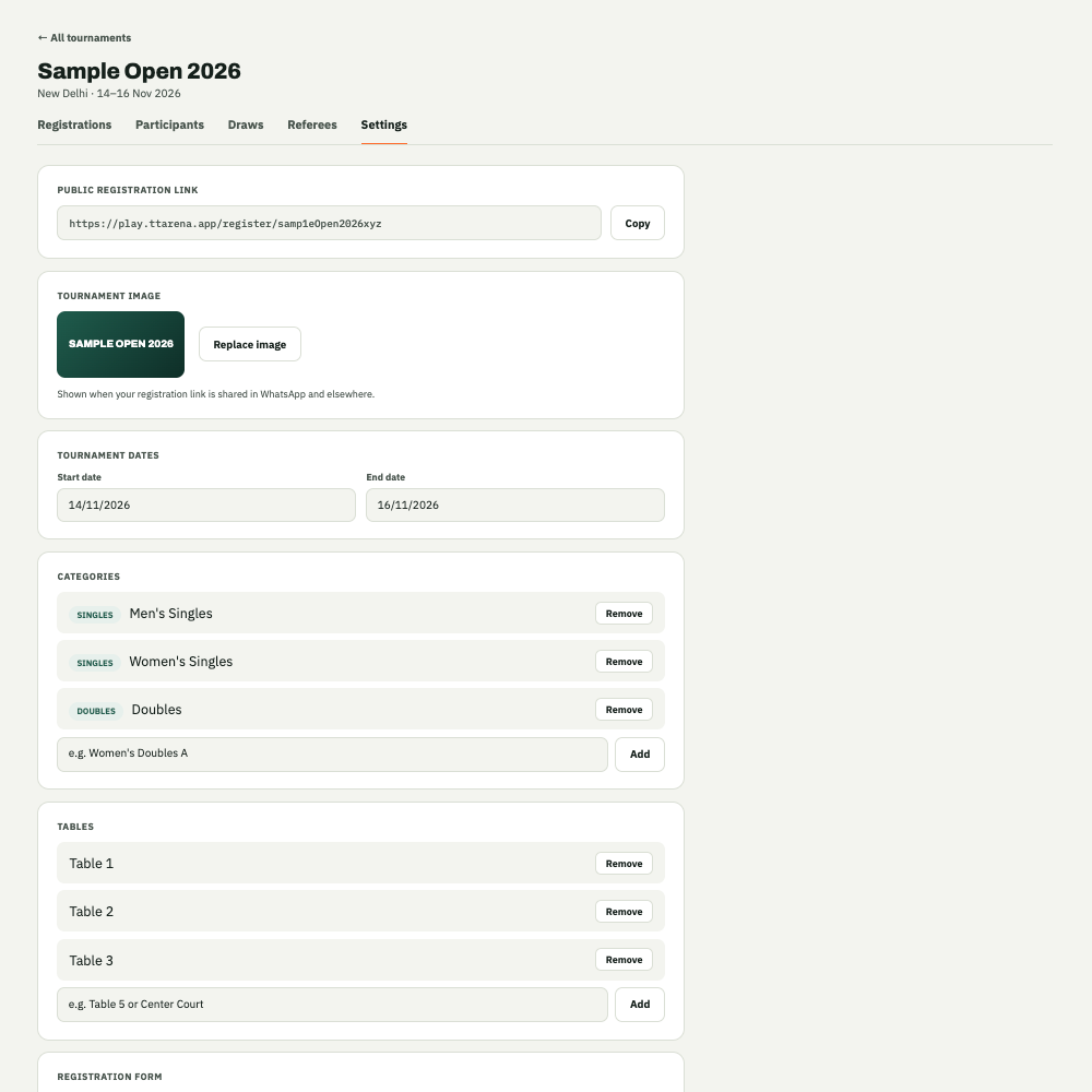 TT Arena tournament Settings tab showing dates, categories, and tables