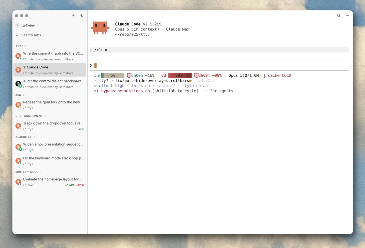 tty7 showing a sidebar of agent sessions across several repositories