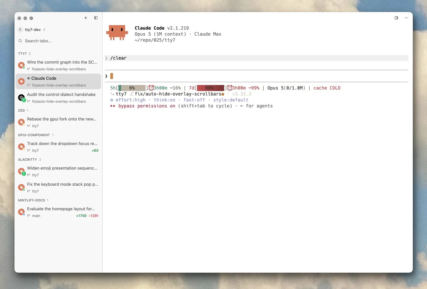 tty7 showing a sidebar of agent sessions across several repositories