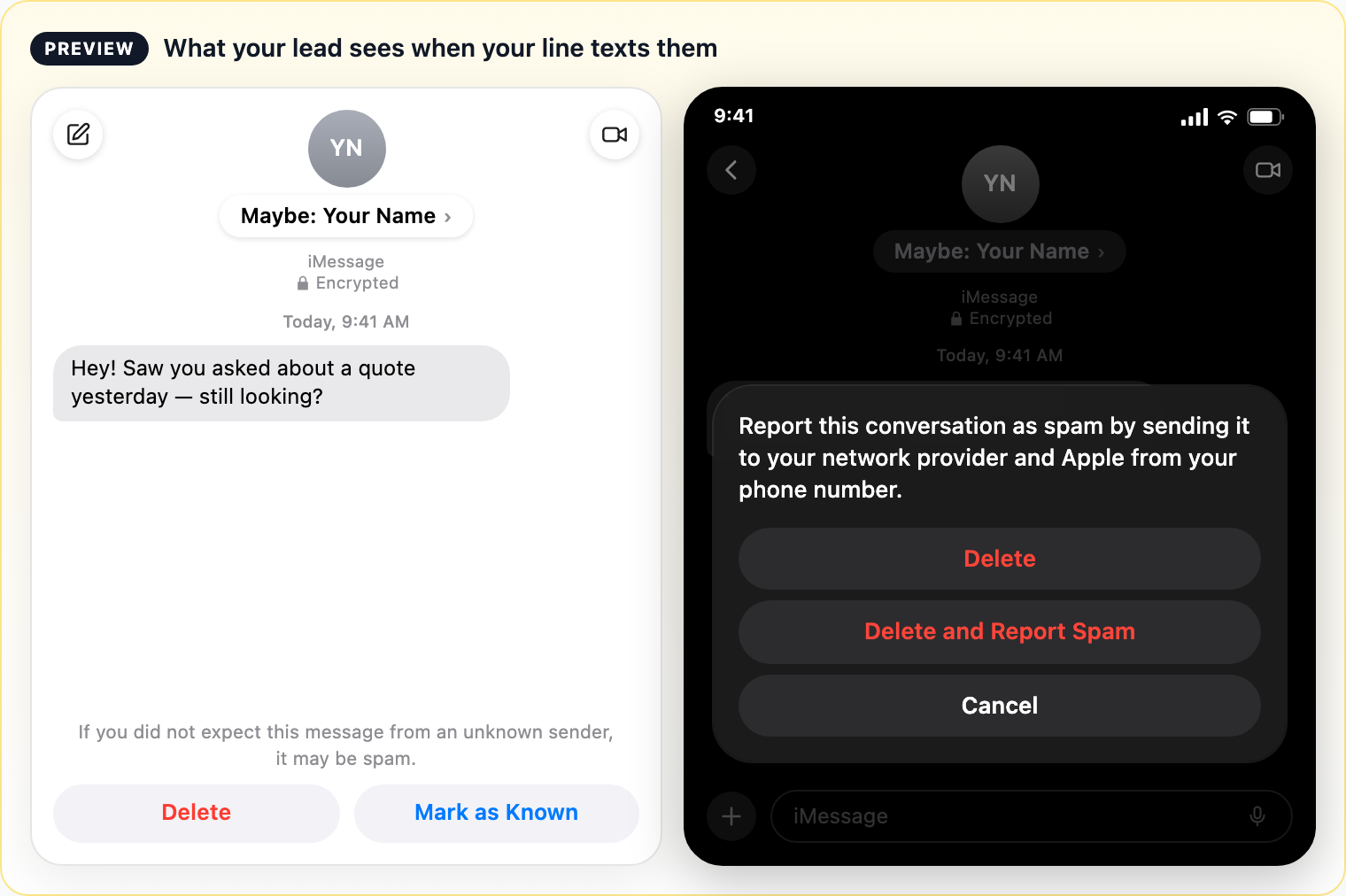 Preview of Apple's unknown-sender screens: Maybe: Your Name, the spam warning with Delete and Mark as Known, and the Delete and Report Spam sheet