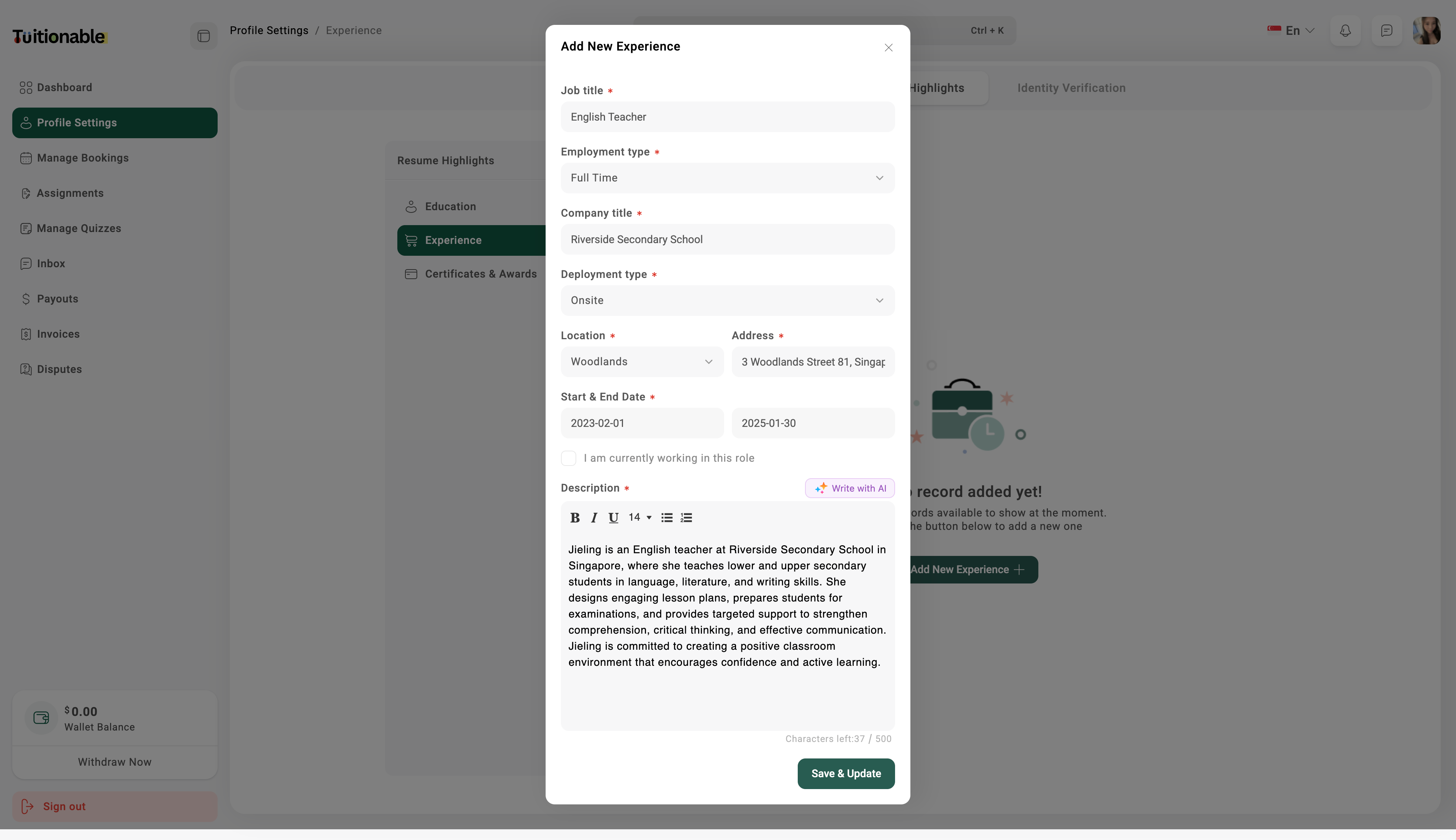 Www Sg Tuitionable Com Tutor Profile Resume Experience