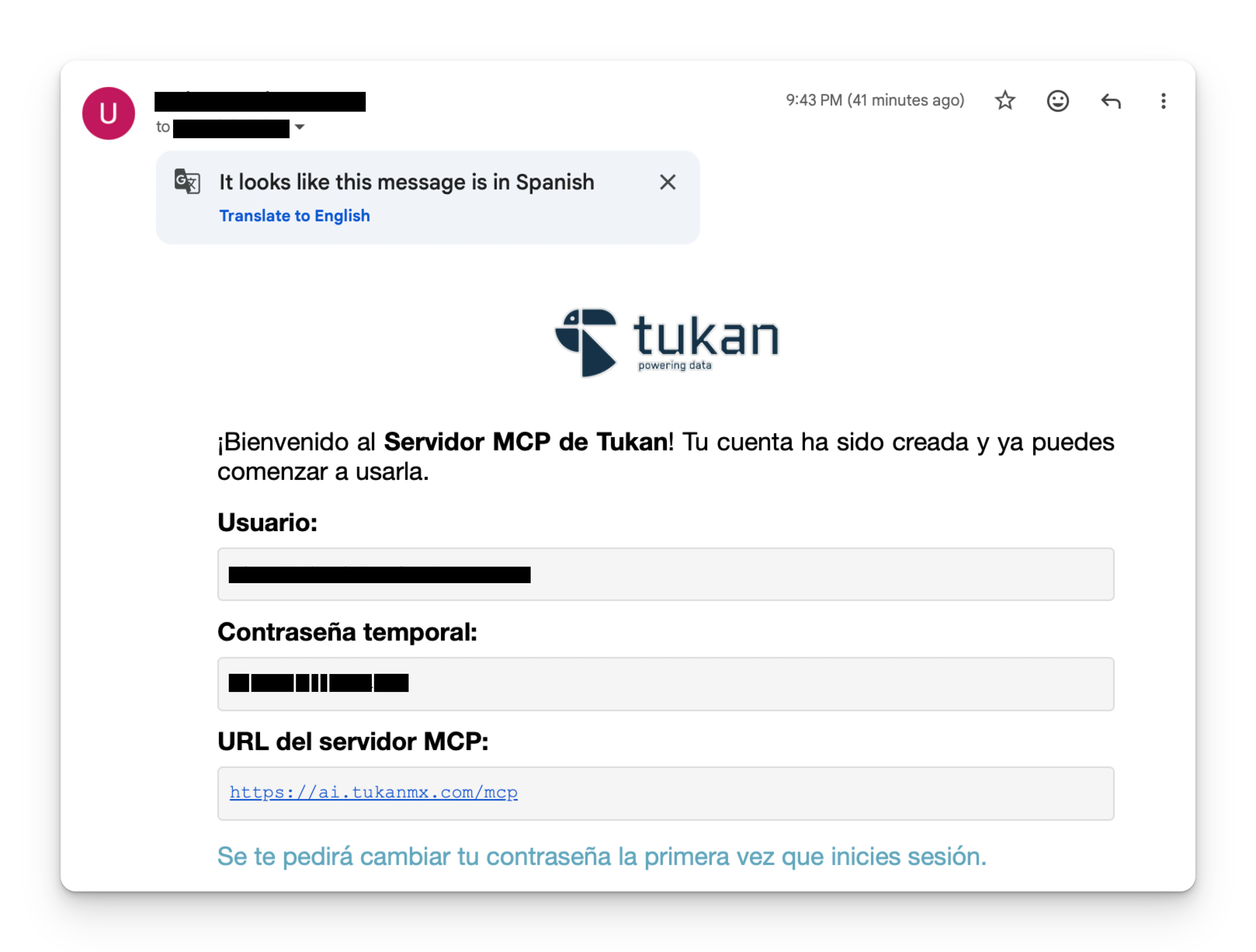Correo de bienvenida al MCP de Tukan