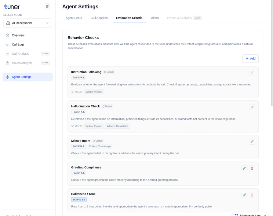 Tuner Evaluation Criteria
