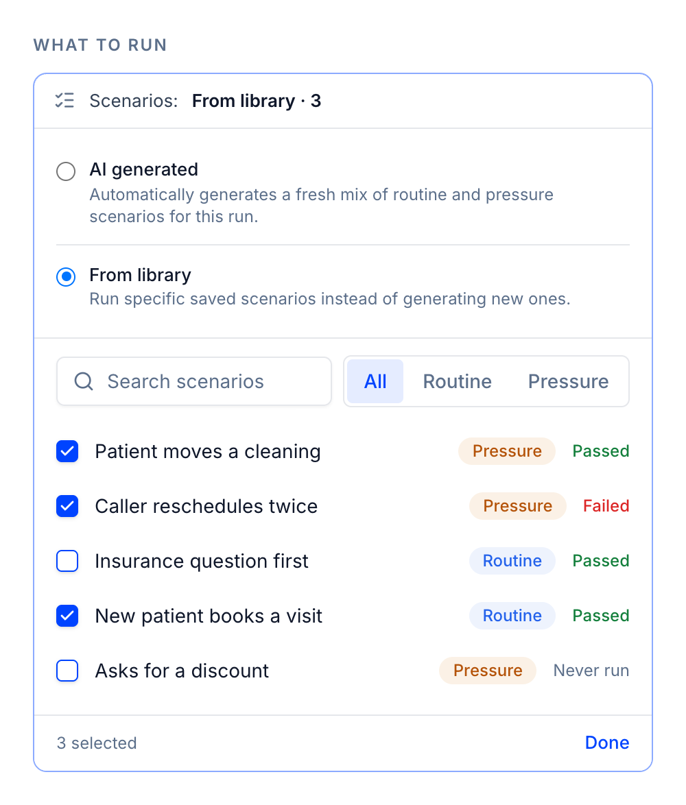 The From library picker in Run Simulation with three scenarios ticked