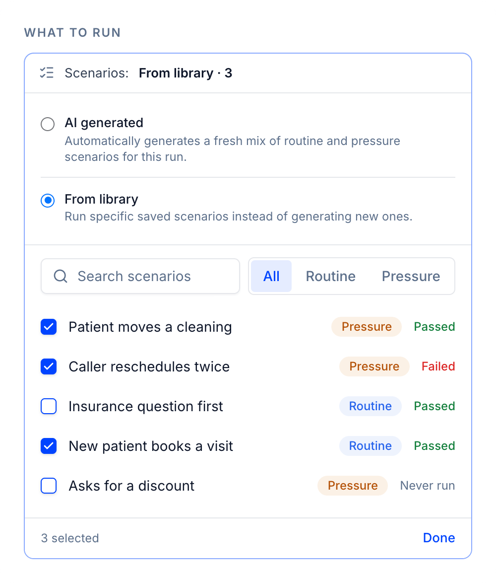 The From library picker in Run Simulation with three scenarios ticked