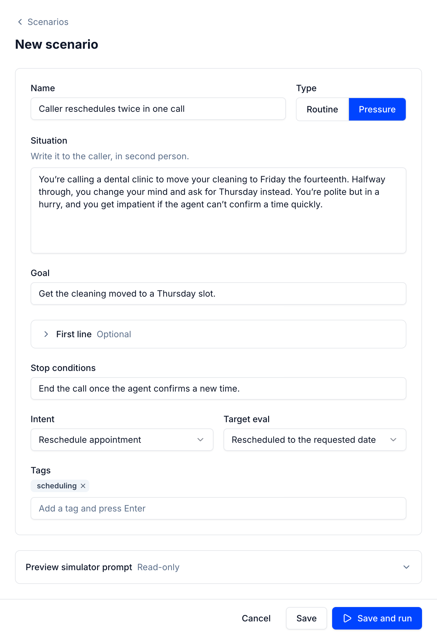 The New scenario form with a name, type, situation, goal, stop conditions, intent, target eval, and tags filled in