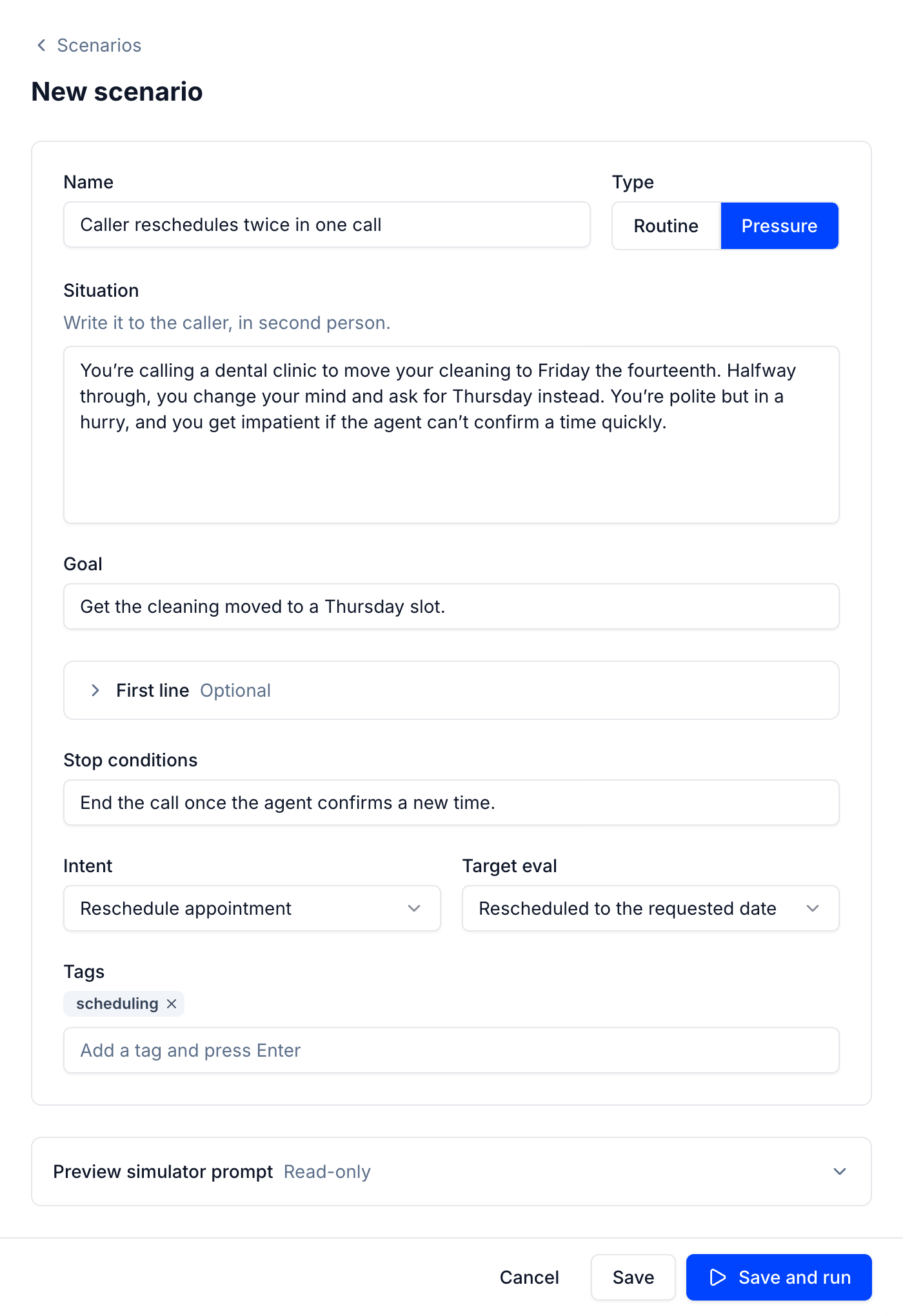 The New scenario form with a name, type, situation, goal, stop conditions, intent, target eval, and tags filled in