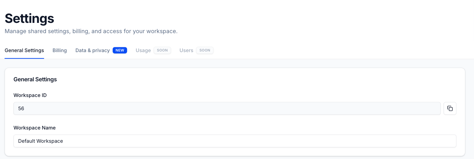 Workspace Settings, General Settings tab, with the Workspace ID field and its copy button