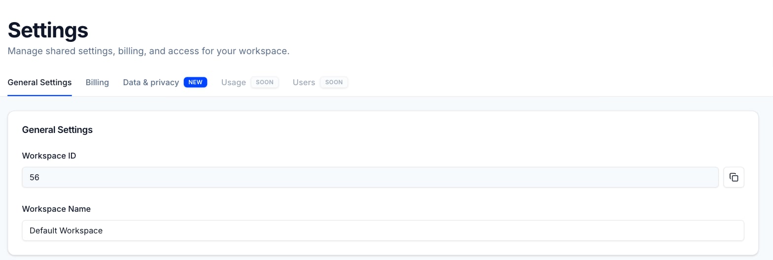 Workspace Settings, General Settings tab, with the Workspace ID field and its copy button