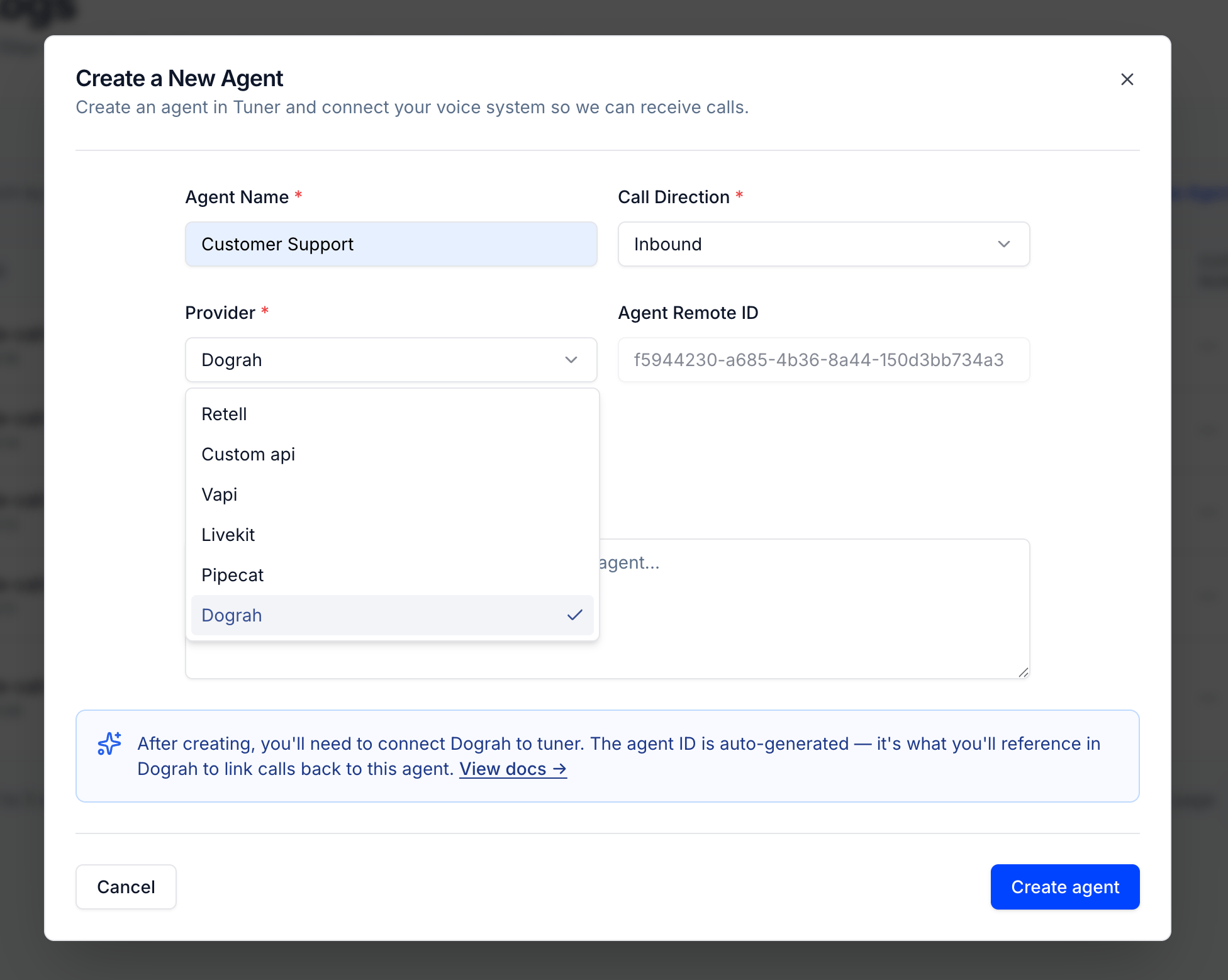 Create a New Agent modal — Provider Dograh