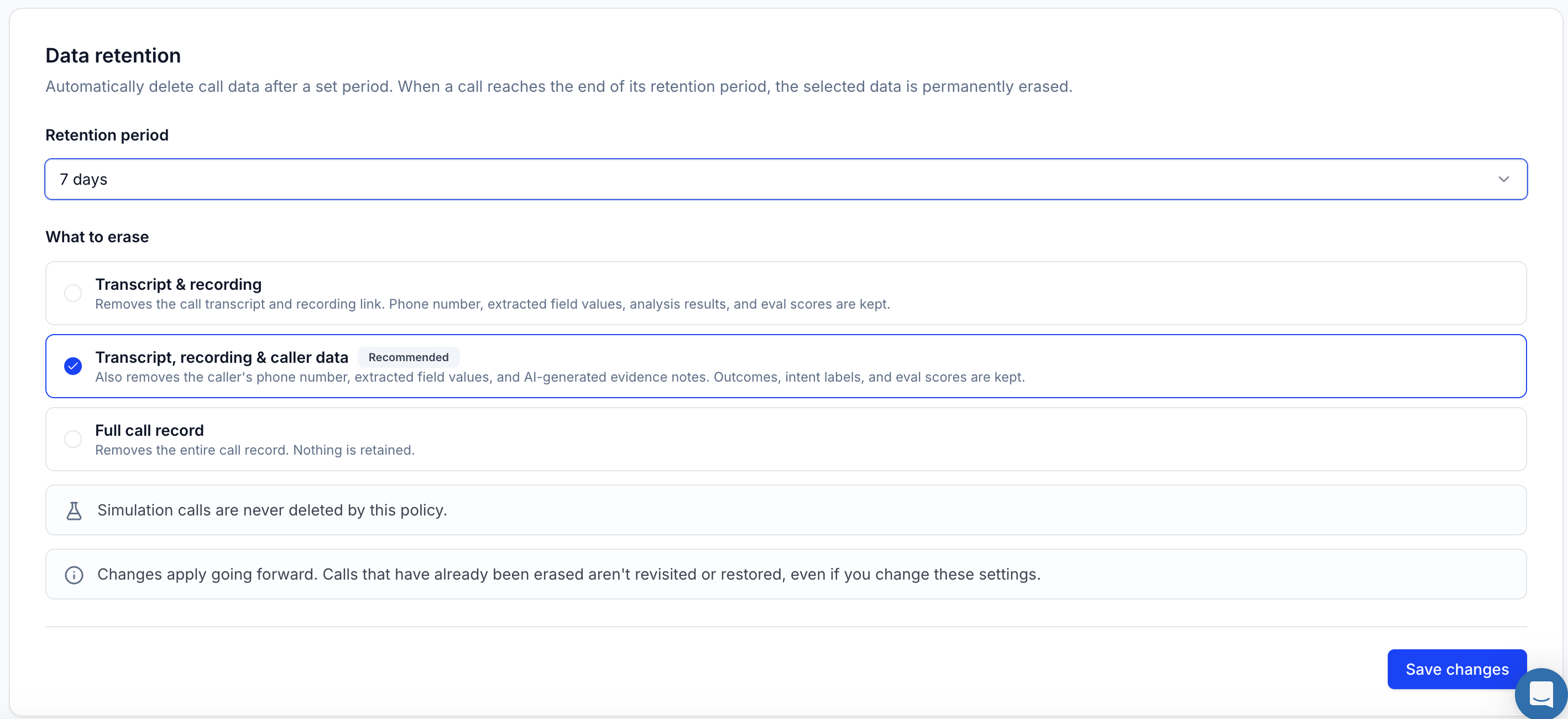 The Data retention section showing the retention period selector and the three erasure scope options