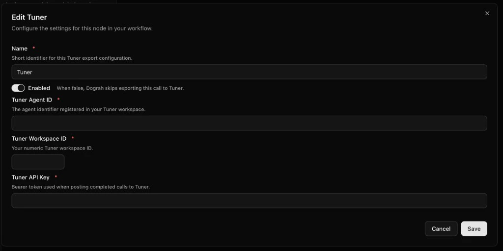 Dograh Edit Tuner — credentials and Enabled