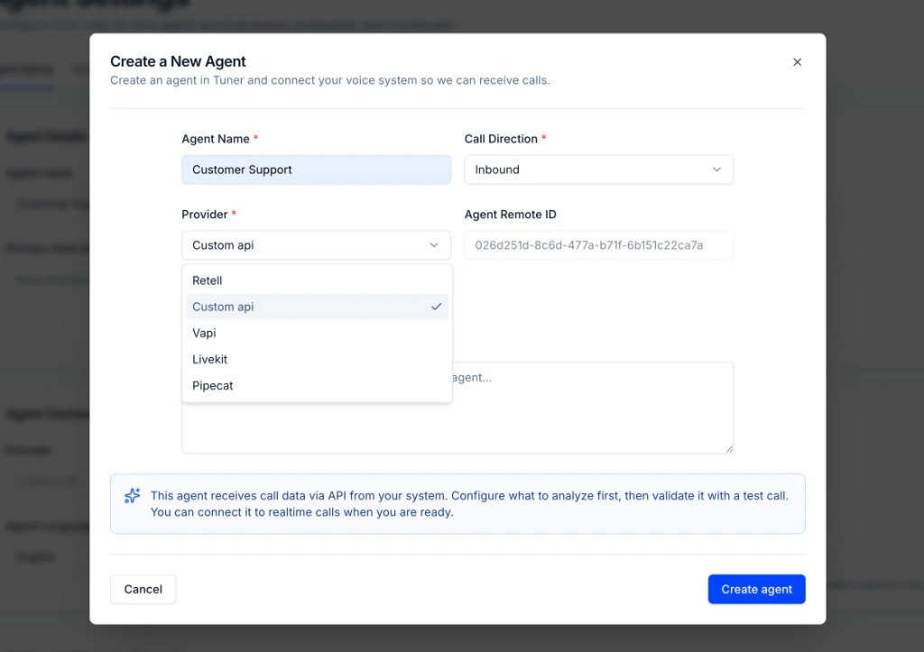 Create a New Agent modal — Provider Custom API
