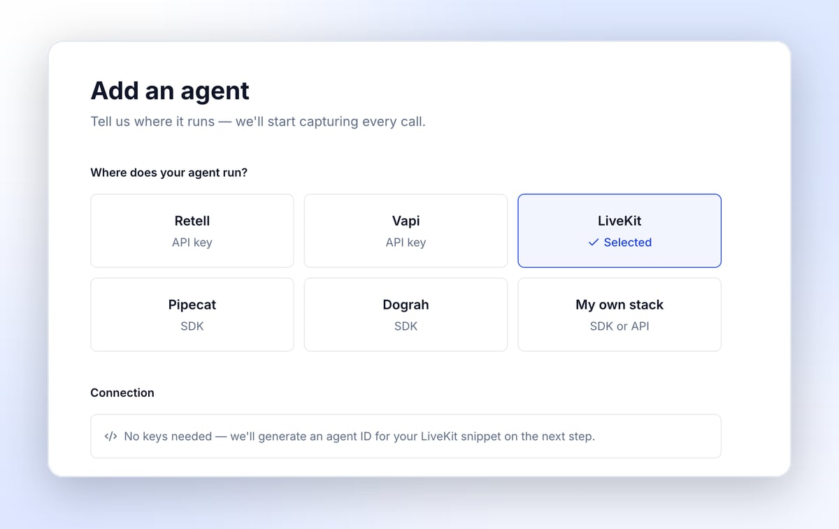 The new guided flow for creating and connecting an agent in Tuner