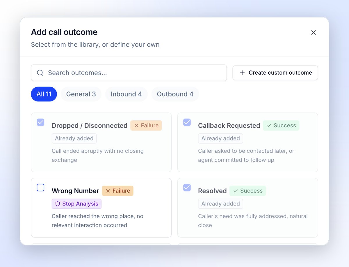 Searchable library of prebuilt call outcomes in Tuner