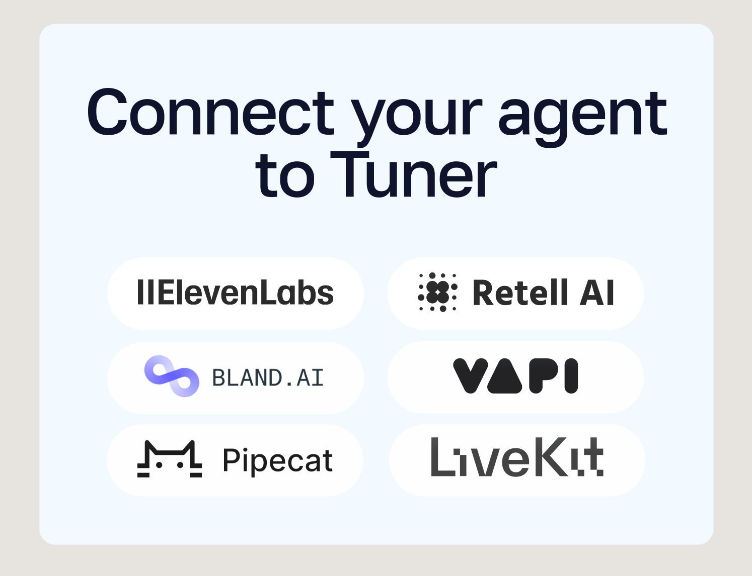 Tuner integrates with Vapi, Retell, LiveKit, Pipecat, and more