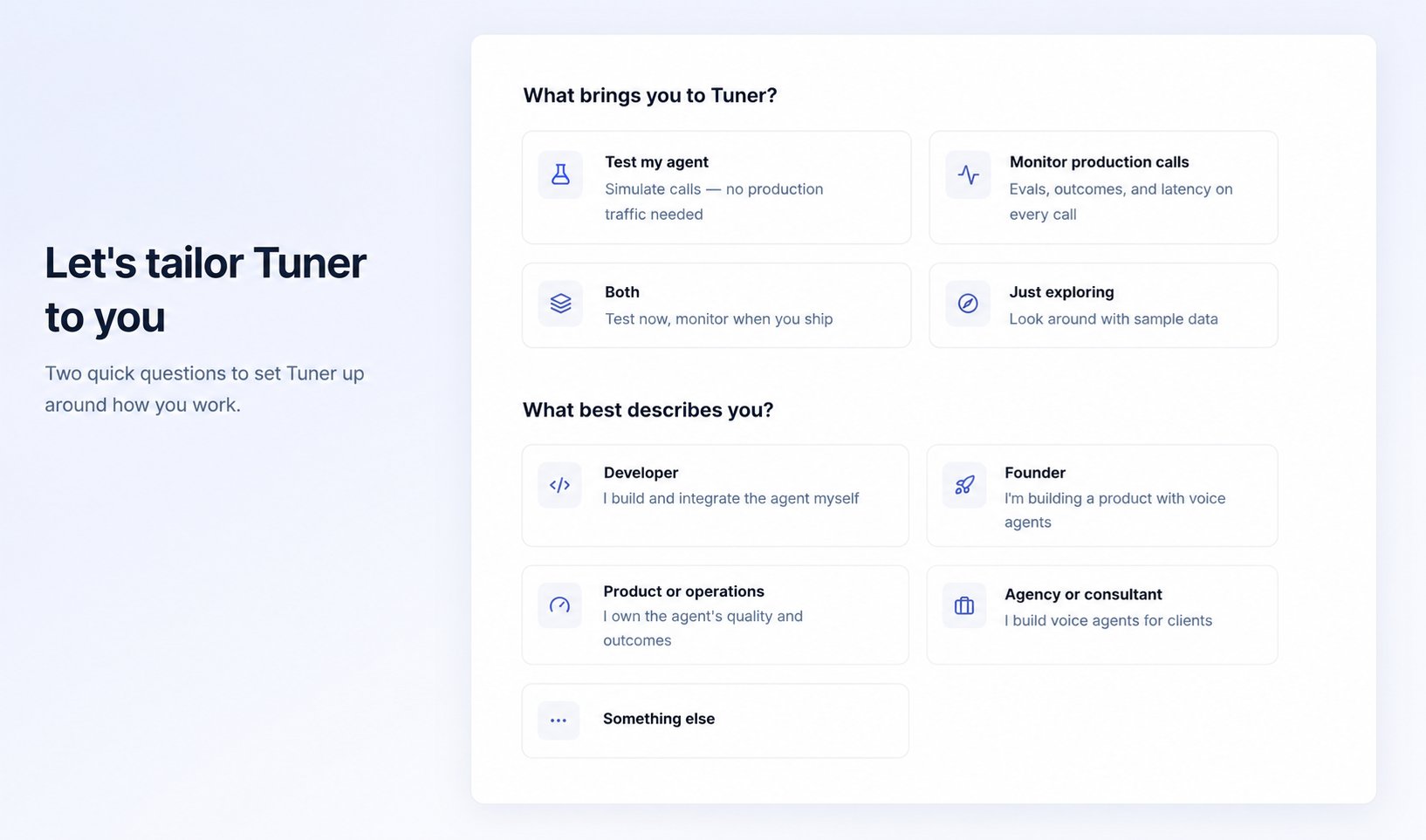 The Tuner welcome page asking what brings you to Tuner and what best describes you
