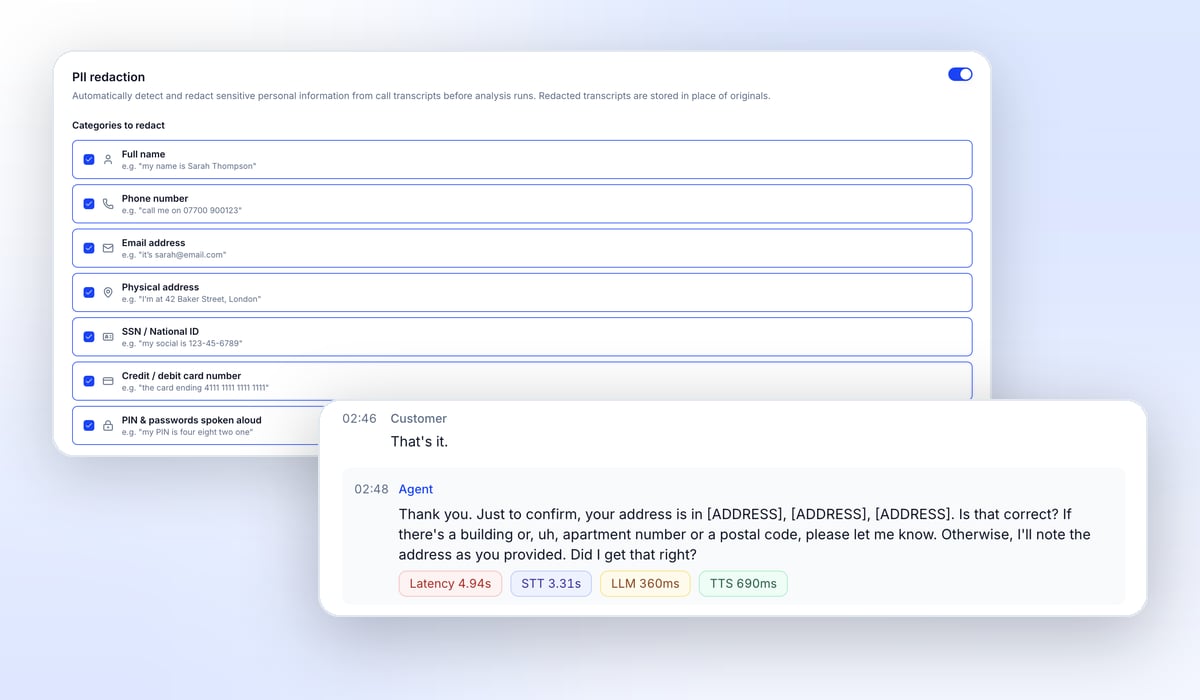 PII redaction settings in Tuner, with categories like name, phone number, and credit card