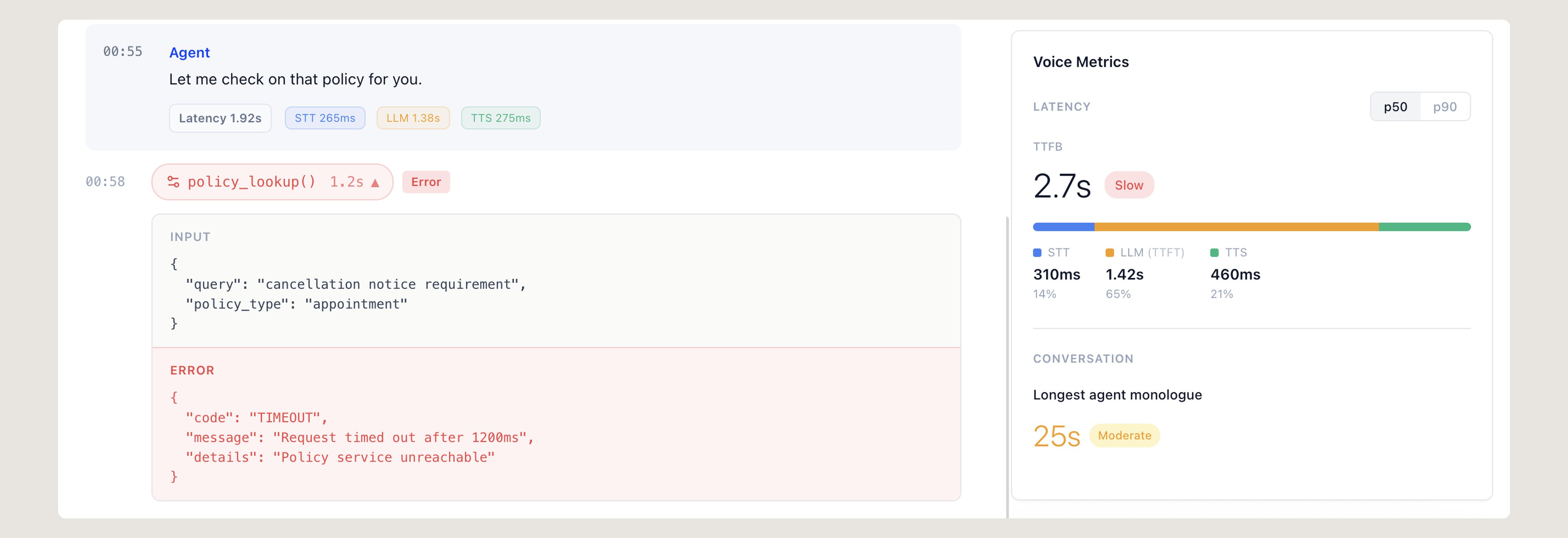 Transcript tool call view and voice metrics breakdown