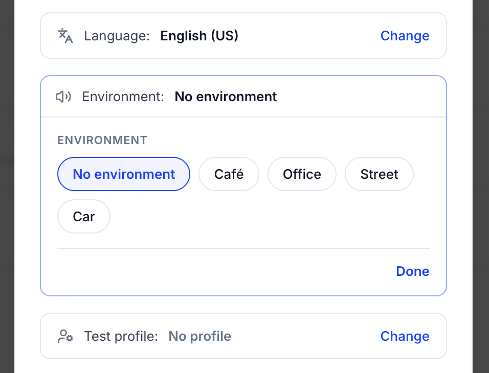 Environment selector in the Run Simulation dialog, showing No environment, Café, Office, Street, and Car