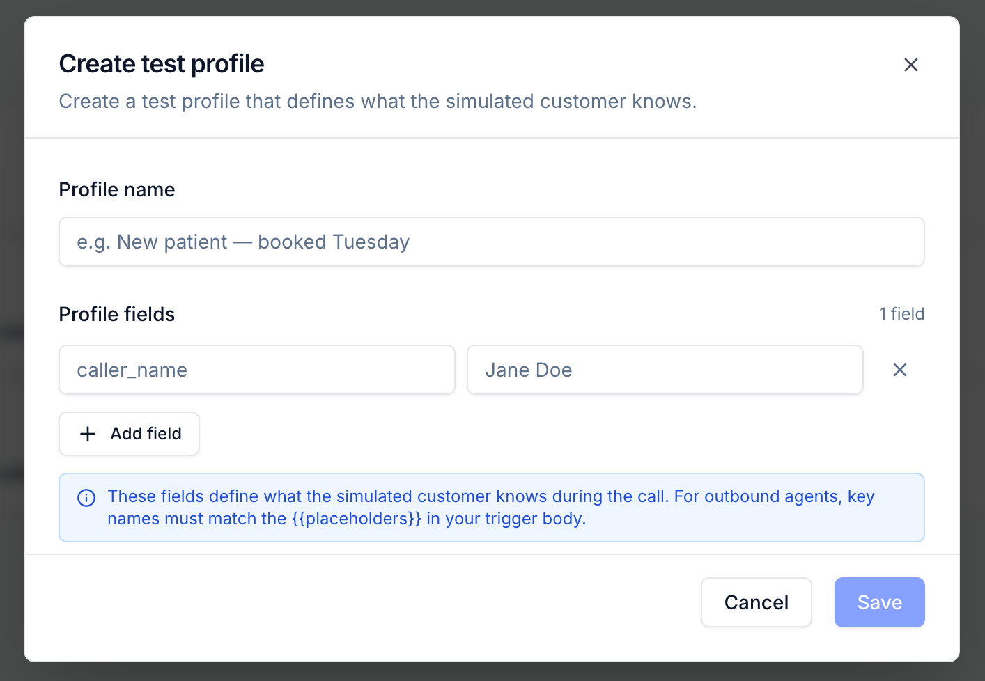 Create test profile modal with profile name and key-value field inputs