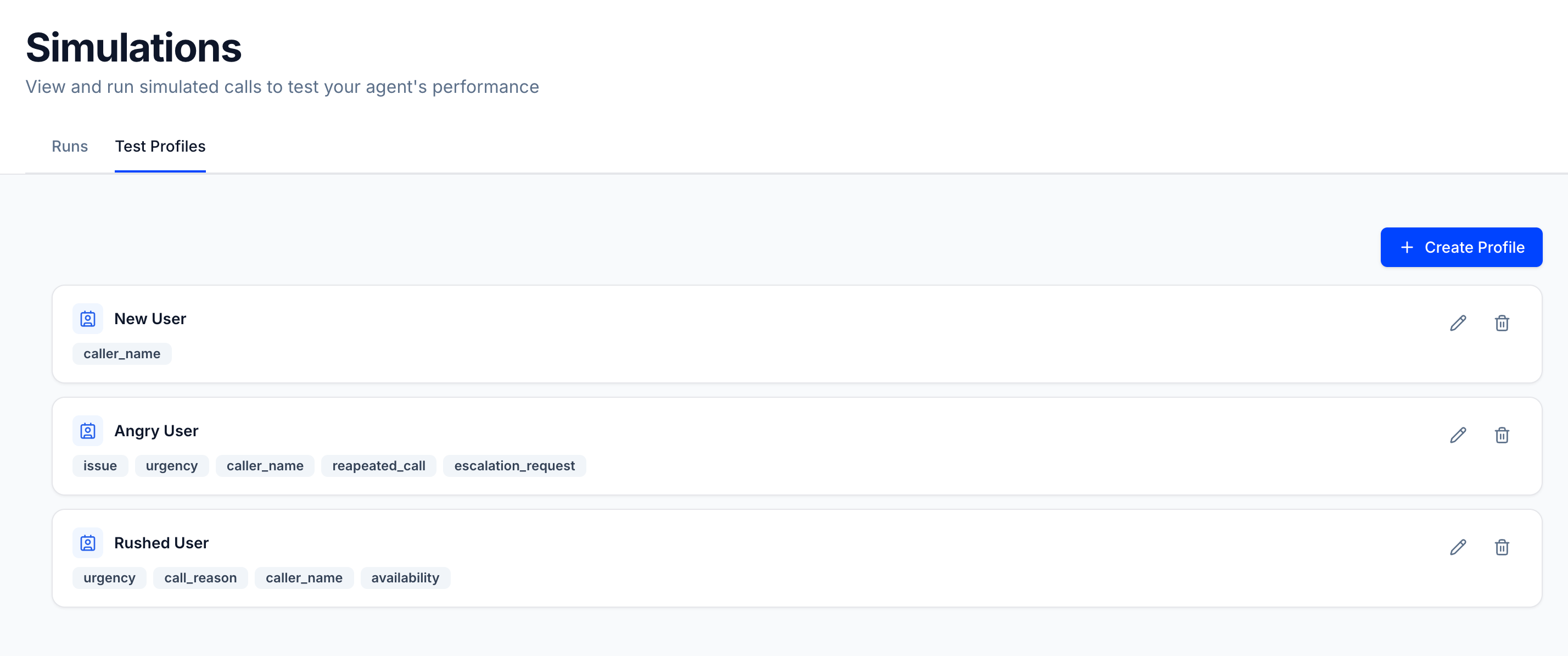 Test Profiles list showing New User, Angry User, and Rushed User profiles with their field tags