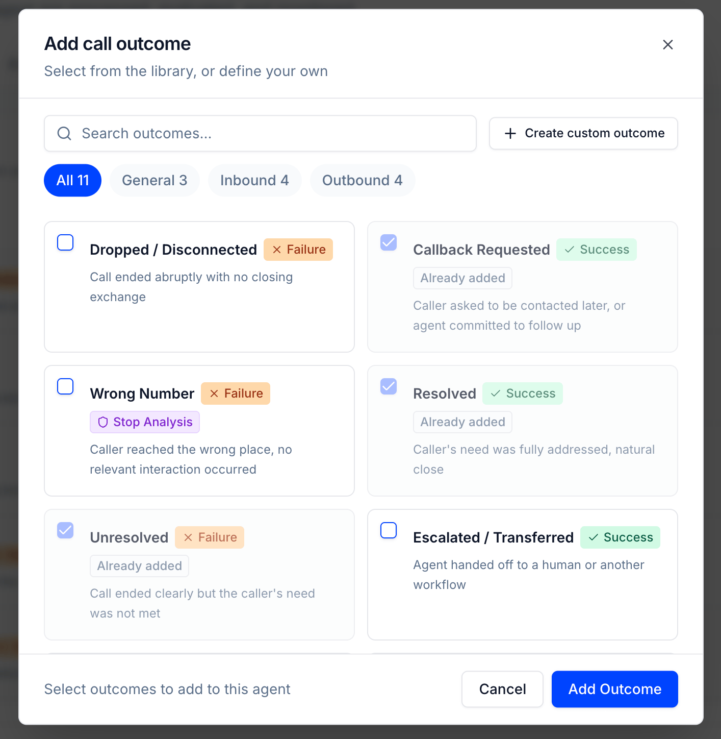 Add call outcome modal showing the predefined outcome library with category filters and search