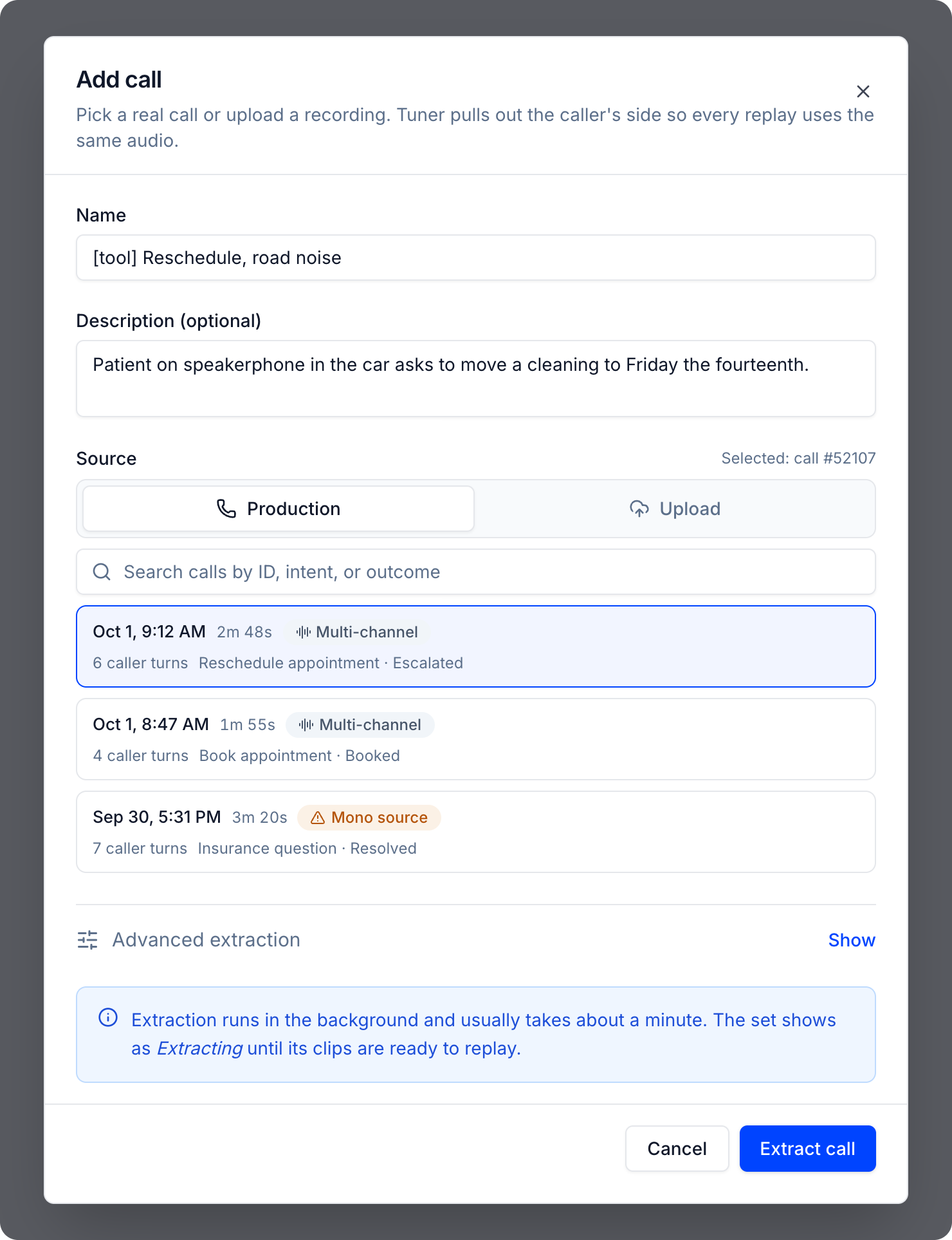 Add call dialog with a production call selected