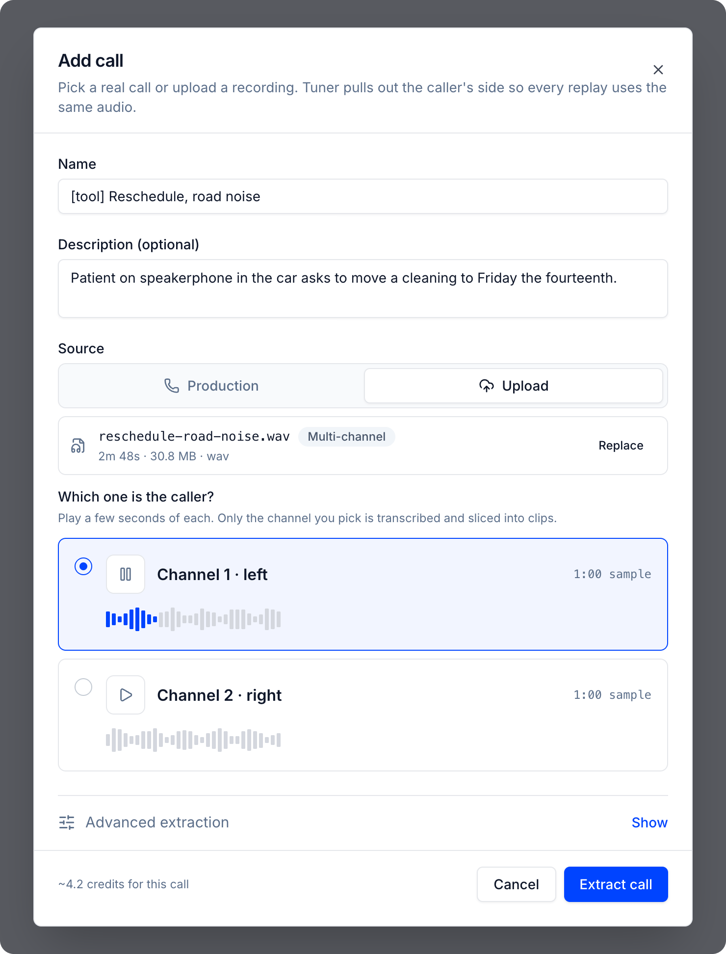 Add call dialog with an uploaded recording and the caller channel picker