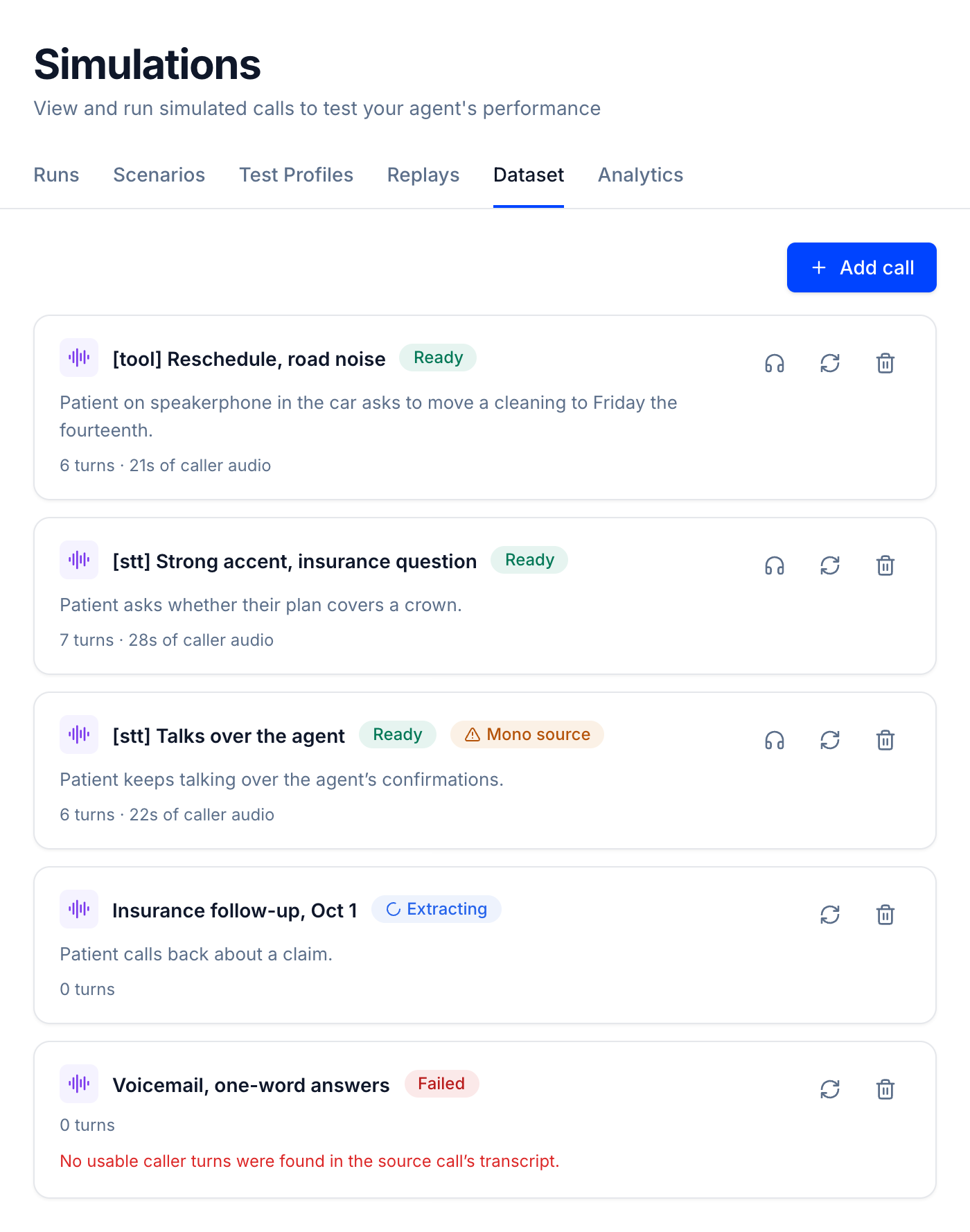 The Dataset tab with calls that are Ready, Extracting, and Failed