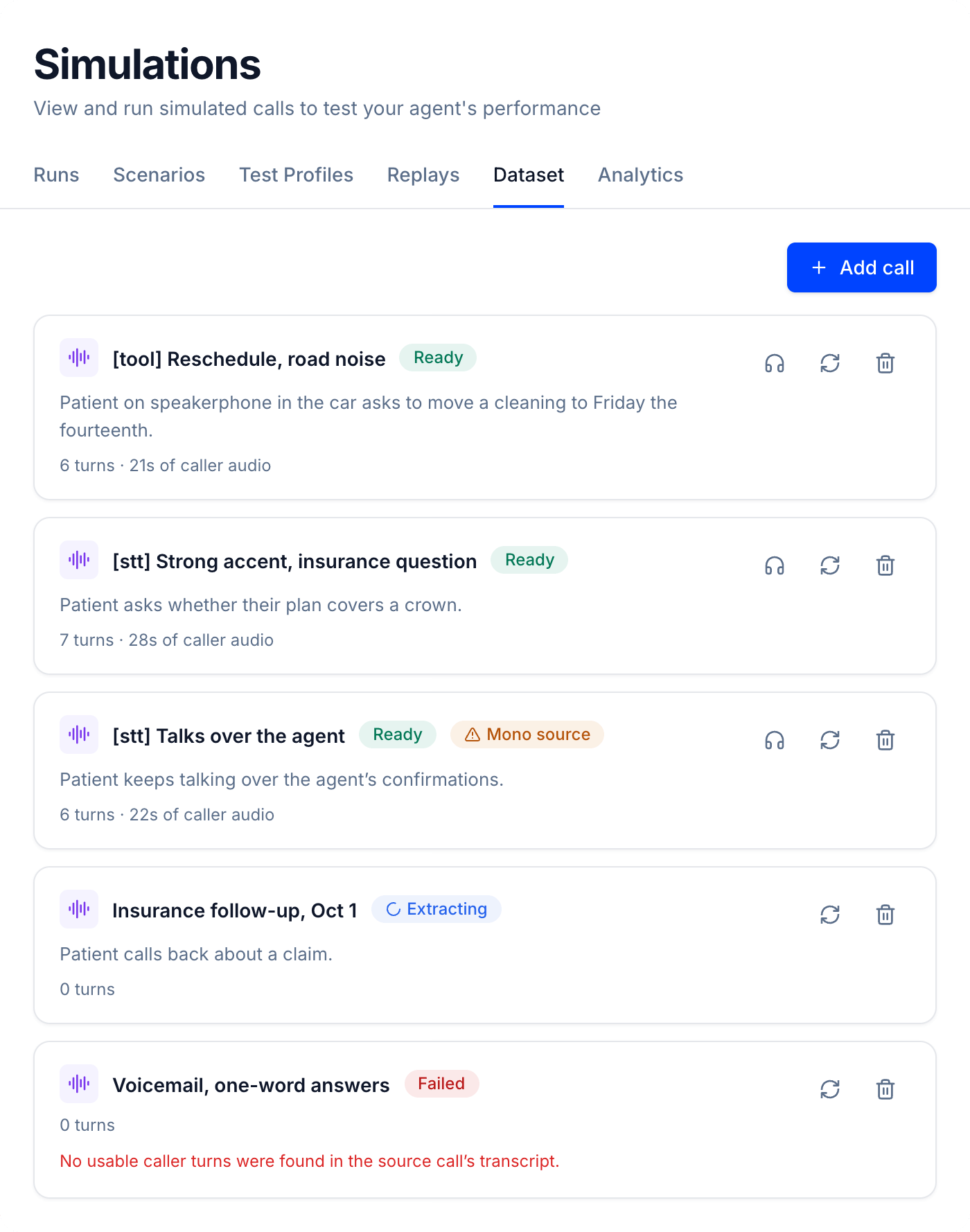 The Dataset tab with calls that are Ready, Extracting, and Failed