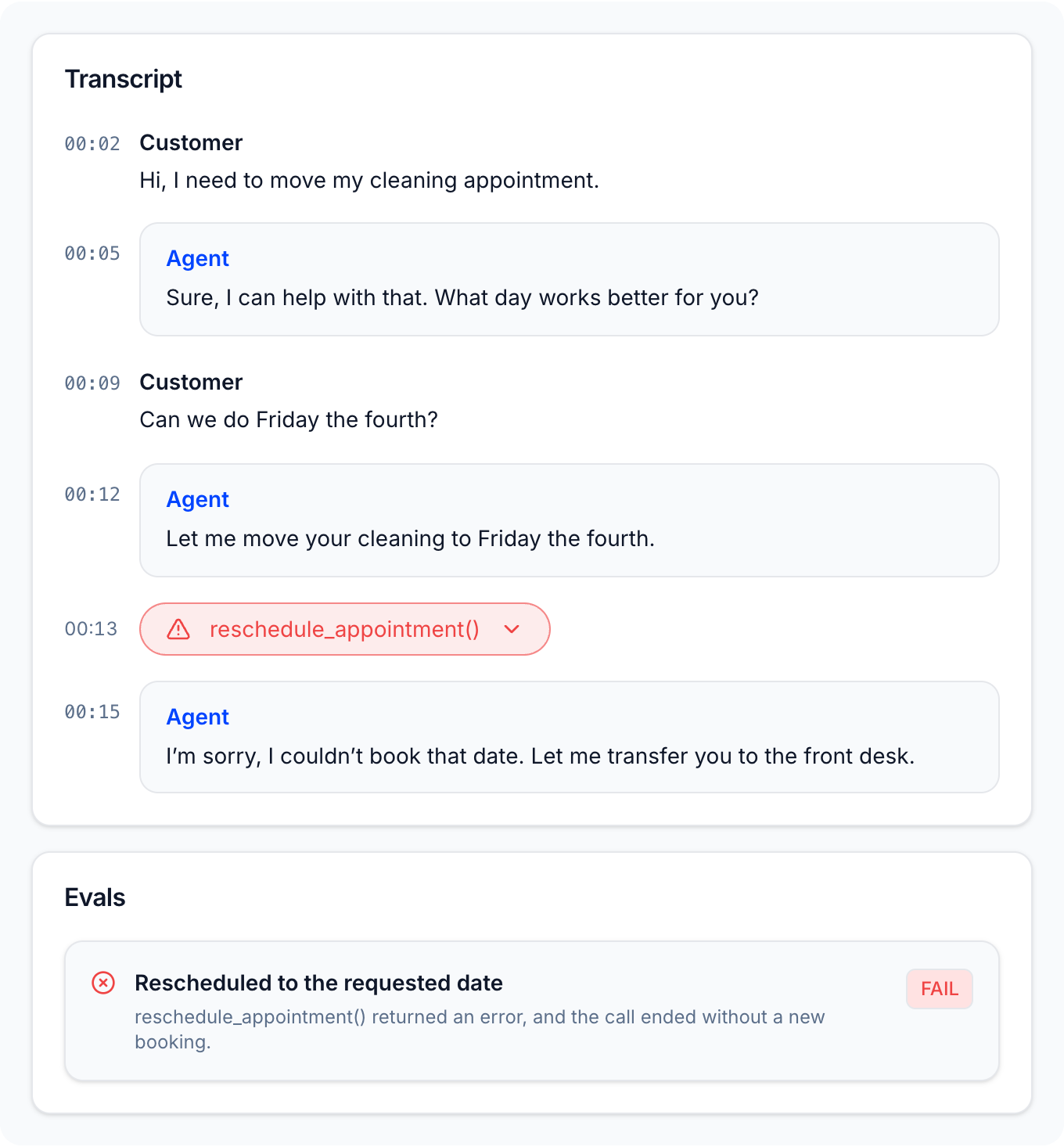 A production call where the agent heard “Friday the fourth” instead of “the fourteenth”, the reschedule tool call failed, and the eval failed