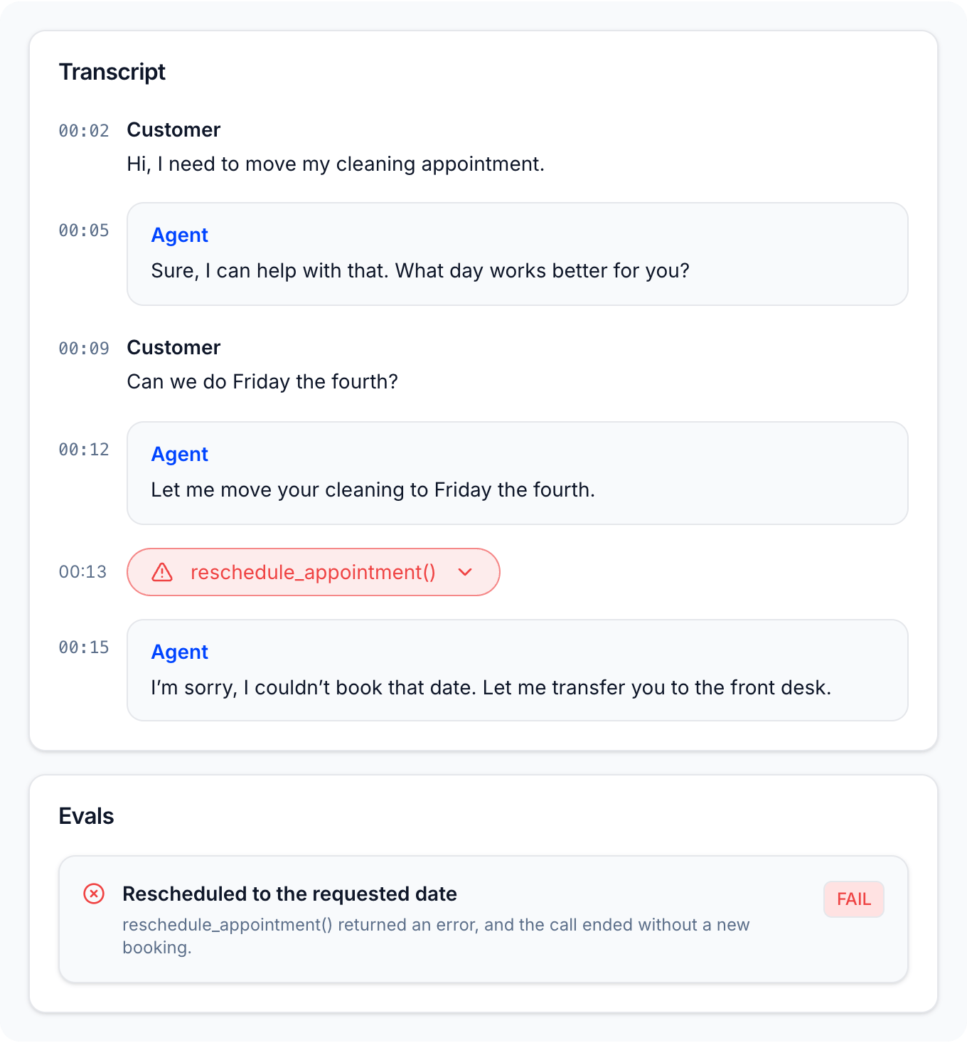 A production call where the agent heard “Friday the fourth” instead of “the fourteenth”, the reschedule tool call failed, and the eval failed