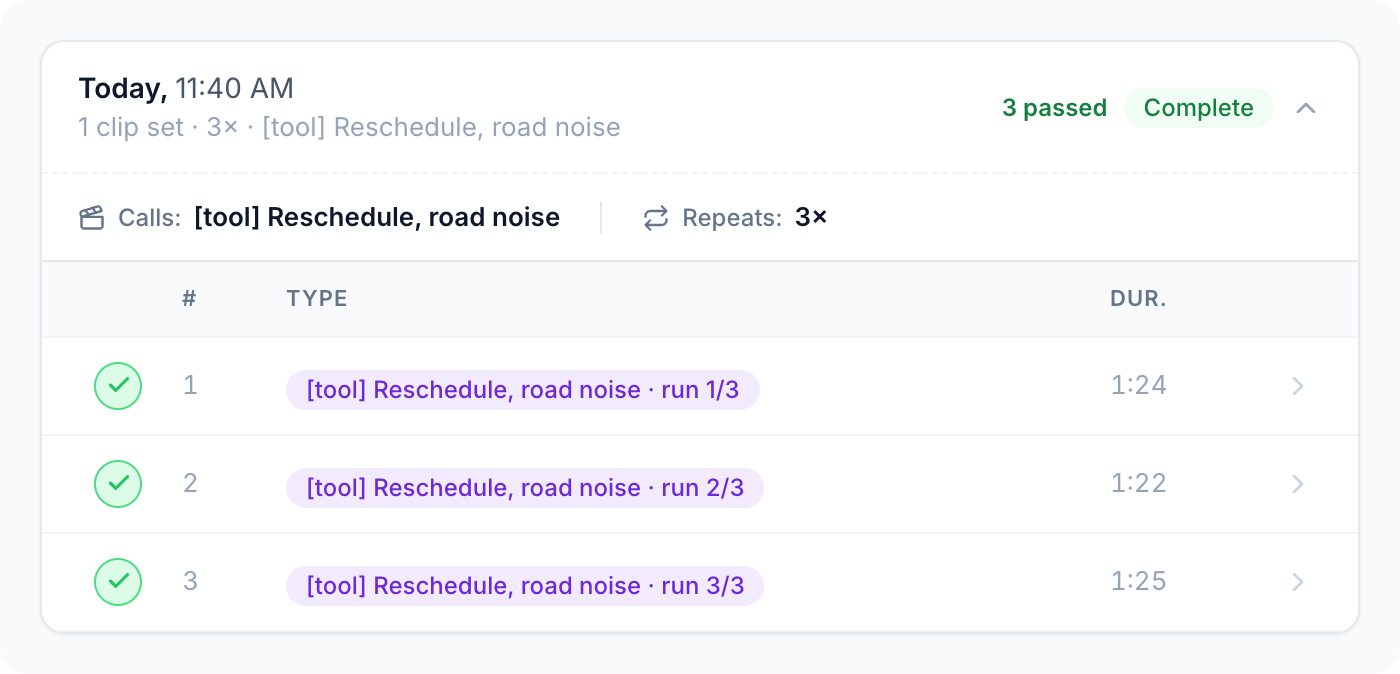The same call replayed three times after the fix, passing all three times