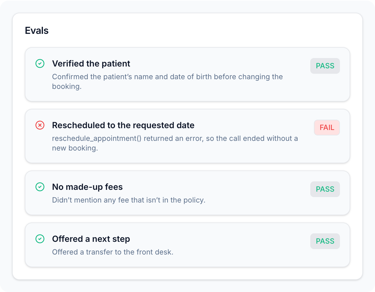 The Evals of a replayed call, with one eval failing and the evidence for it