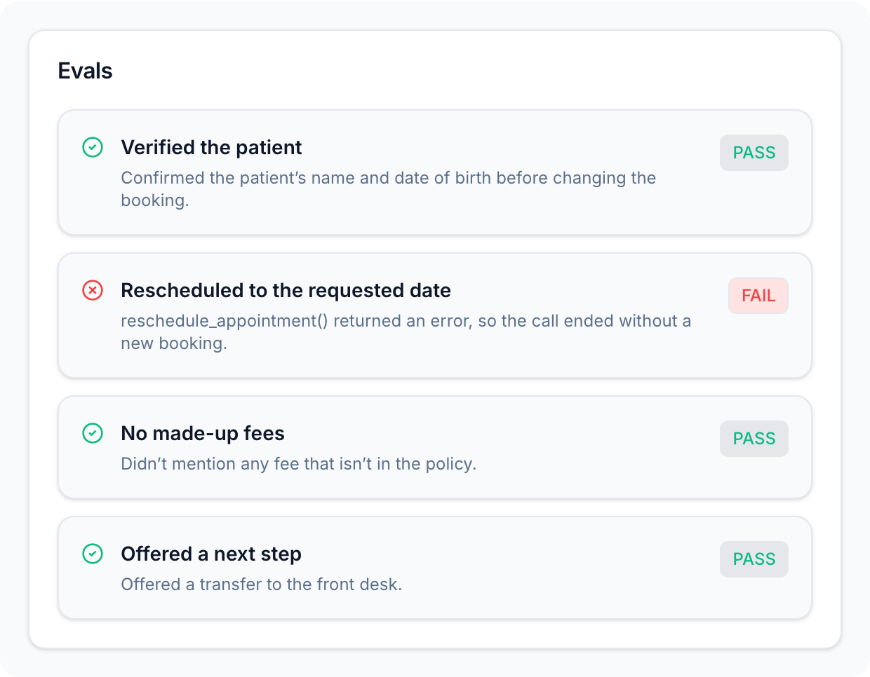 The Evals of a replayed call, with one eval failing and the evidence for it