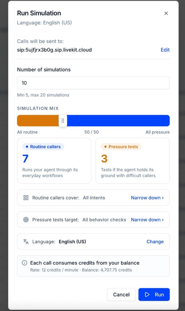 Run Simulation dialog, set count, mix, targets, and language
