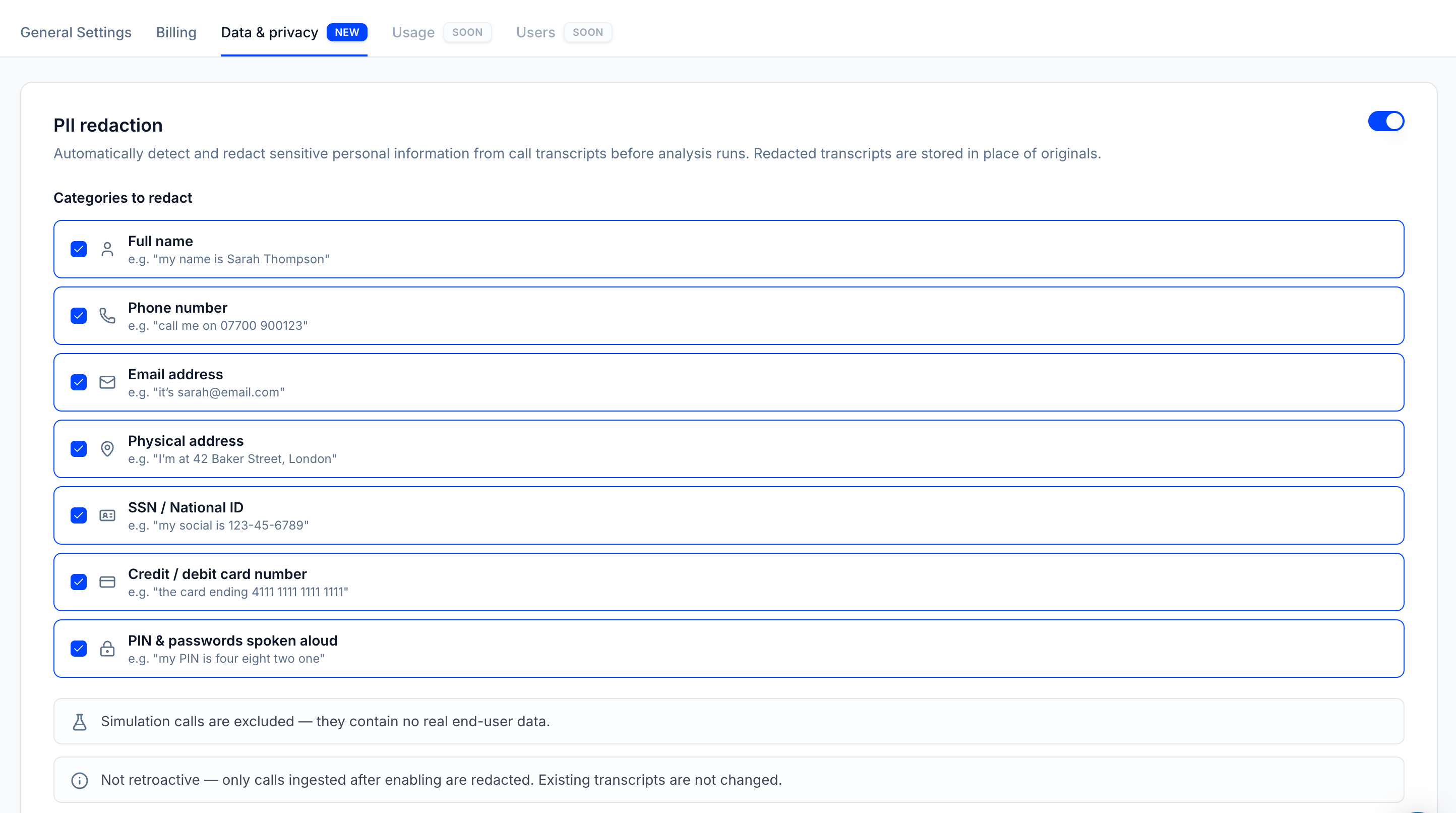 Data & Privacy tab showing the PII redaction toggle and the list of categories to redact