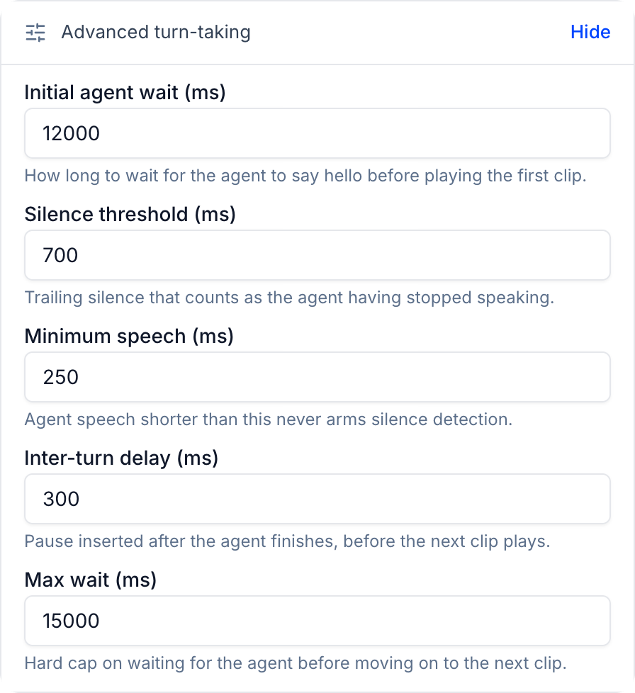 Advanced turn-taking settings with the default values