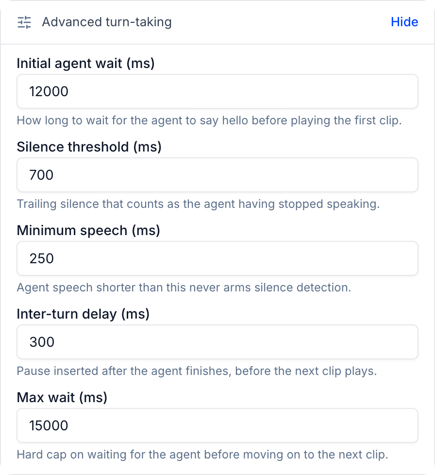 Advanced turn-taking settings with the default values
