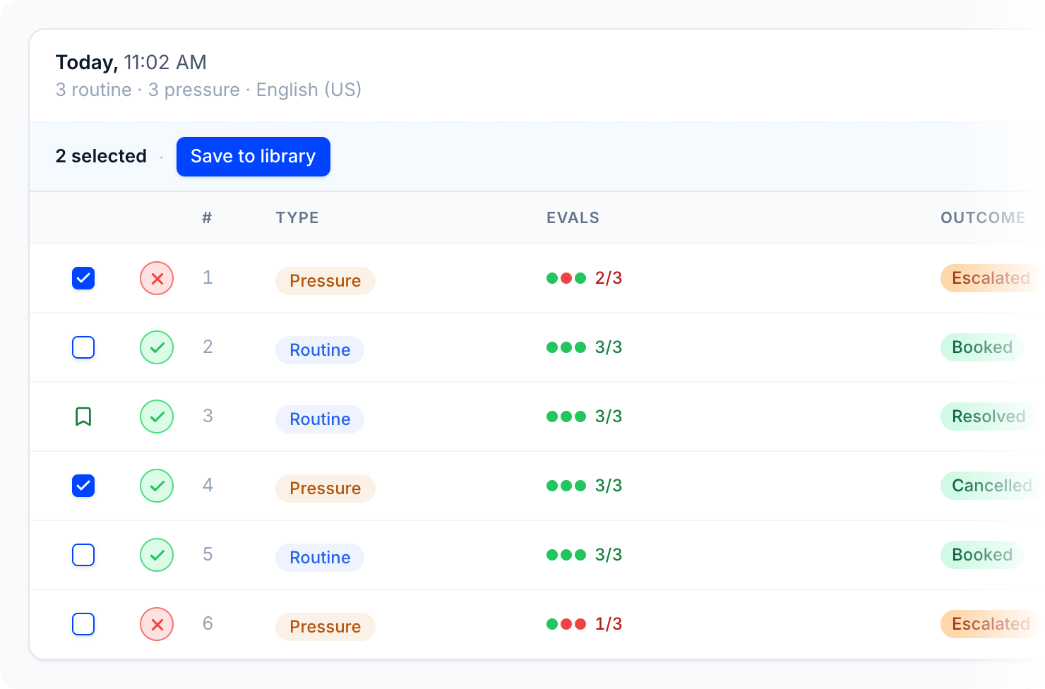 A finished simulation run with two calls selected and the Save to library button