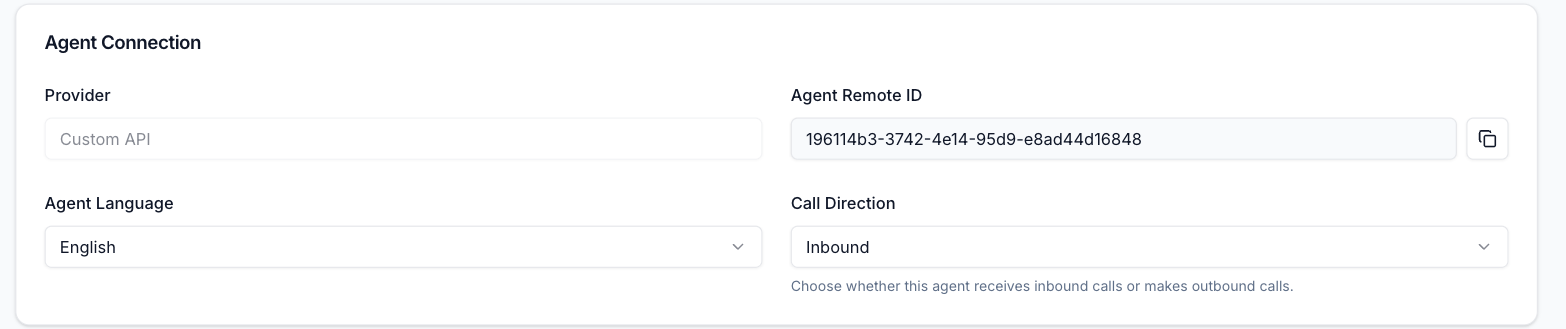 The Agent Connection card on the Agent Setup tab, showing the provider, the Agent Remote ID with its copy button, the agent language and the call direction