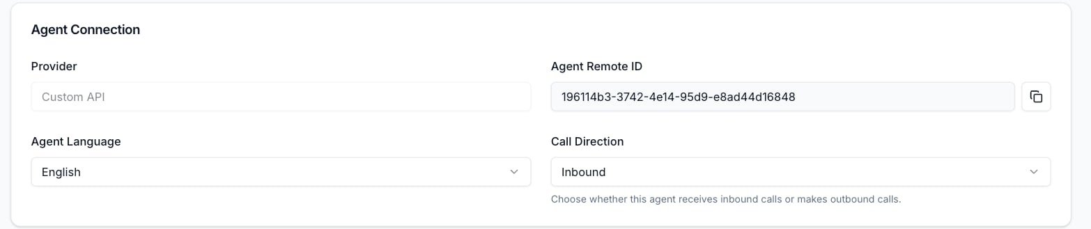 The Agent Connection card on the Agent Setup tab, showing the provider, the Agent Remote ID with its copy button, the agent language and the call direction
