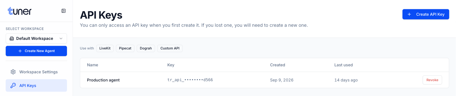 The API Keys page in workspace space, with the Create API Key button and a key listed with its name, masked value, creation date, last use and Revoke button