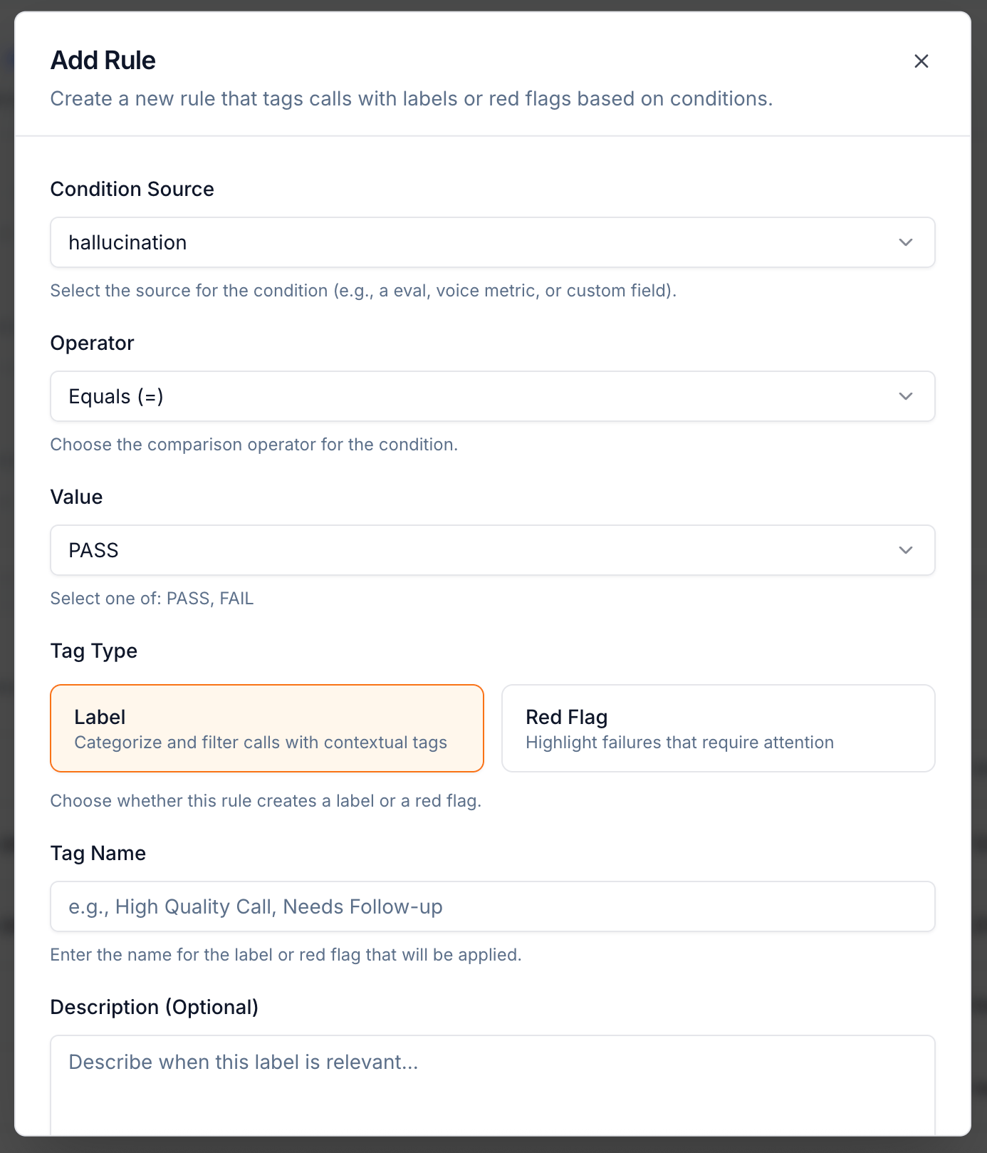 Add Rule modal showing Condition Source, Operator, Value, Tag Type, Tag Name, and Description fields