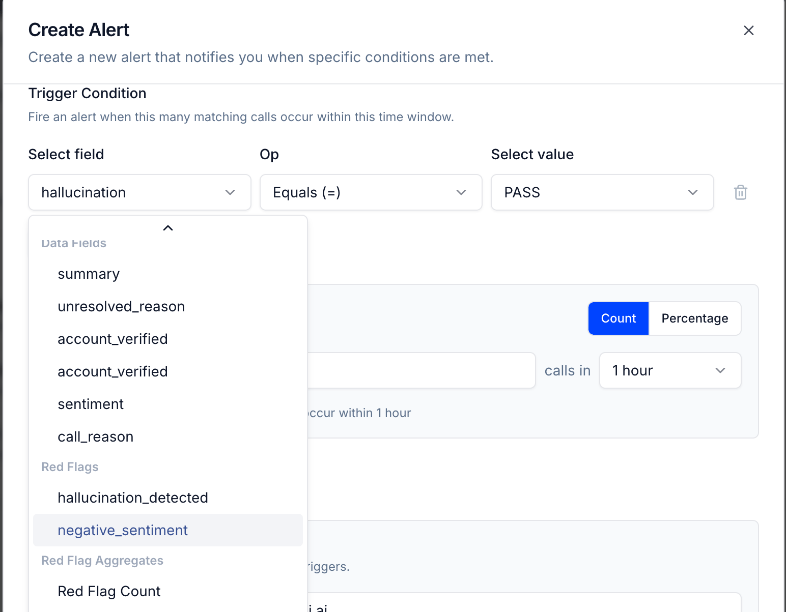 Create Alert modal showing red flag fields available as trigger conditions